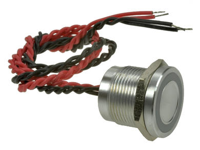 Przełącznik; piezoelektryczny; PS193P10YNT1R12L; OFF-(ON); 1 tor; srebrny; wklęsły; podświetlenie LED 12V; czerwony; ring; na panel; z przewodem; 0,2A; 24V AC; 0,2A; 24V DC; IP68; Onpow