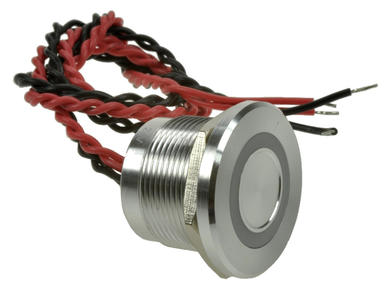 Przełącznik; piezoelektryczny; PS223P10YNT1R24T; OFF-(ON); 1 tor; srebrny; płaski; podświetlenie LED 24V; czerwony; ring; na panel; z przewodem; 0,2A; 24V AC; 0,2A; 24V DC; IP68; Onpow
