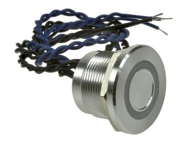 Przełącznik; piezoelektryczny; PS223P10YNT1B24T; OFF-(ON); 1 tor; srebrny; płaski; podświetlenie LED 24V; niebieski; ring; na panel; z przewodem; 0,2A; 24V AC; 0,2A; 24V DC; IP68; Onpow