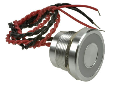 Przełącznik; piezoelektryczny; PS225P10YNT1R12L; OFF-(ON); 1 tor; srebrny; płaski; podświetlenie LED 12V; czerwony; ring szeroki; na panel; z przewodem; 0,2A; 24V AC; 0,2A; 24V DC; IP68; Onpow