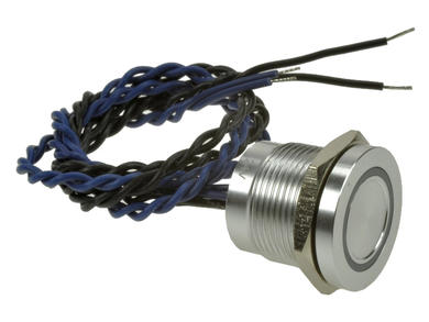 Przełącznik; piezoelektryczny; PS193P10YNT1B24L; OFF-(ON); 1 tor; srebrny; wklęsły; podświetlenie LED 24V; niebieski; ring; na panel; z przewodem; 0,2A; 24V AC; 0,2A; 24V DC; IP68; Onpow