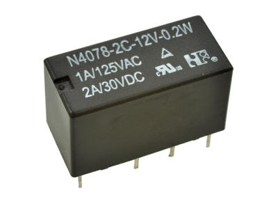 Relay; electromagnetic miniature; N40782C-12; 12V; DC; DPDT; 1A; 125V AC; 2A; 30V DC; PCB trough hole; RoHS