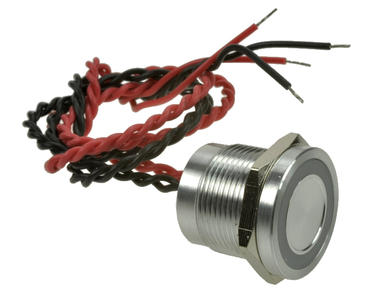 Przełącznik; piezoelektryczny; PS193P10YNT1R24L; OFF-(ON); 1 tor; srebrny; wklęsły; podświetlenie LED 24V; czerwony; ring; na panel; z przewodem; 0,2A; 24V AC; 0,2A; 24V DC; IP68; Onpow