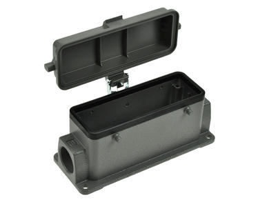 Connector housing; Han A; 19300241226; 24B; metal; straight; for panel; with cover; entry for M25 cable gland; for double locking levers; one side cable entry; grey; IP65; Harting; RoHS