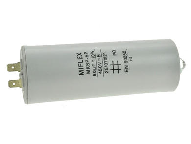 Capacitor; motor; I150V650-B; MKSP; 50uF; 450V AC; fi 45x119mm; 6,3mm connectors; screw with a nut; Miflex; RoHS