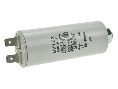 Capacitor; motor; I150V575-B; MKSP; 7,5uF; 450V AC; fi 35x65mm; 6,3mm connectors; screw with a nut; Miflex; RoHS