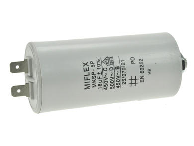 Kondensator; silnikowy (rozruchowy); I150V618-B; MKSP; 18uF; 450V AC; fi 40x83mm; konektory 6,3mm; śruba z nakrętką; Miflex; RoHS