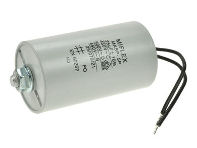 Kondensator; silnikowy (rozruchowy); I150V625-H; MKSP; 25uF; 450V AC; fi 45x78mm; z przewodami; śruba z nakrętką; Miflex; RoHS