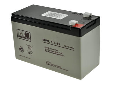 Akumulator; kwasowy bezobsługowy AGM; MWL 7,2-12; 12V; 7,2Ah; 151x65x94(100)mm; konektor 4,8 mm; MW POWER; 2,35kg; 10÷12 lat