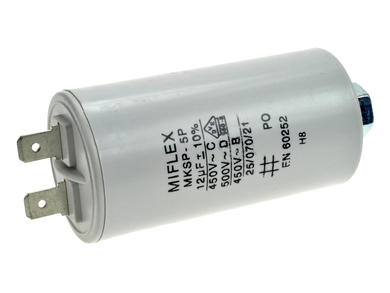 Kondensator; silnikowy (rozruchowy); I150V612K-B1; MKSP; 12uF; 450V AC; fi 35x65mm; konektory 6,3mm; śruba z nakrętką; Miflex; RoHS