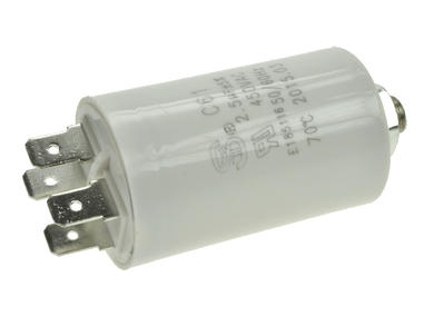 Capacitor; motor; 2,5uF; 450V AC; CBB60(C61)2,5uF/450VAC Pbf; fi 30x49mm; 6,3mm connectors; screw with a nut; S-cap; RoHS