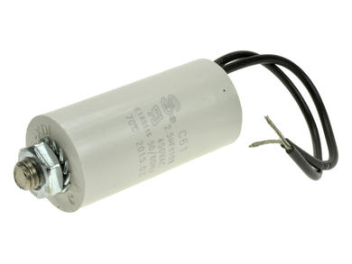 Capacitor; motor; 2,5uF; 450V AC; CBB60(C61)2uF/450VAC Pbf; fi 29x52mm; with cable; screw with a nut; S-cap; RoHS