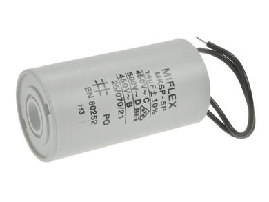 Capacitor; motor; I150V614K-G1; MKSP; 14uF; 450V AC; fi 35x65mm; with cables; Miflex; RoHS