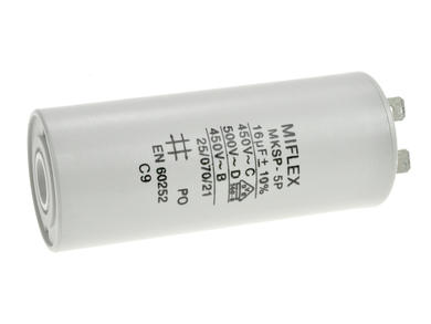 Capacitor; motor; I150V616K-A1; MKSP; 16uF; 450V AC; fi 35x83mm; 6,3mm connectors; Miflex; RoHS