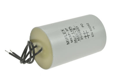 Kondensator; silnikowy (rozruchowy); I150V635K-G; MKSP; 35uF; 450V AC; fi 50x78mm; z przewodami; Miflex; RoHS