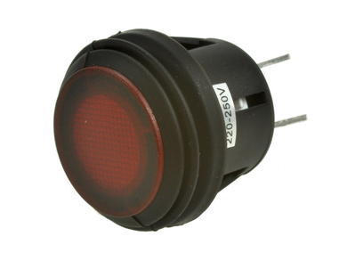 Switch; push button; R13-527B2L-02BR-N2; ON-OFF; red; neon bulb 250V backlight; red; 4,8x0,8mm connectors; 2 positions; 6A; 250V AC; 20mm; 25mm; SCI