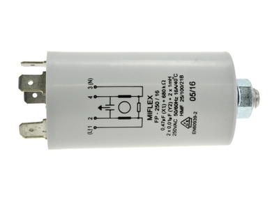 Filter; anti-interference; X09KU44732010BH-1; 250V AC; 0,47uF; 2x10nF; 16A; 5 connectors 6,3mm; 2x1mH; Aluminium; fi 35x65mmmm; Miflex; RoHS; screw with a nut