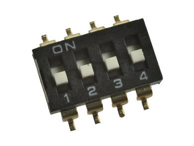 Przełącznik; DIP switch; 4 tory; DIPSW-04; czarny; Wyprowadzenia: powierzchniowy (SMD); h=3,4 + suwak 0,4mm; 25mA; 24V DC; biały; EEC; RoHS