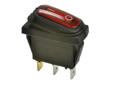 Switch; rocker; A-650H; ON-OFF; 1 way; red; LED 12-24V backlight; red; bistable; 6,3x0,8mm connectors; 10x27mm; 2 positions; 15A; 250V AC