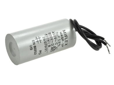 Capacitor; motor; I150V530J-G10; MKSP; 3uF; 450V AC; fi 25x51mm; with cables; Miflex; RoHS