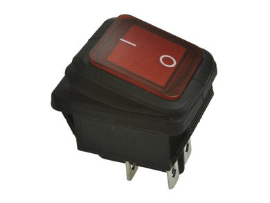 Switch; rocker; A-603R; ON-OFF; 2 ways; red; LED 12-24V backlight; red; bistable; 6,3x0,8mm connectors; 22x30mm; 2 positions; 16A; 250V AC; 20A; 12V DC