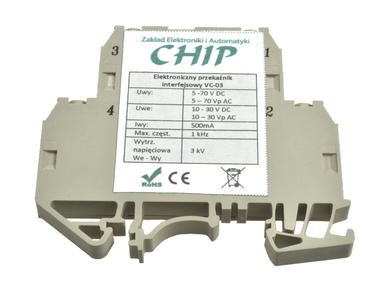 Przekaźnik; instalacyjny; interfejsowy; SSR (półprzewodnikowy); 1-fazowy; VC-03; 10mA; 10÷30V; AC; DC; 500mA; 50÷70V; AC; DC; na szynę DIN35; 1 styk przełączny; Chip