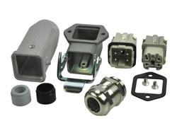 Connector socket + plug; Han Kit; 10200040003; 4 ways; 3A; metal; angled 90°; plug in housing for cord; screw; with M20 cable gland; 10A; 230V; 1÷2,5mm2; IP67; Harting; RoHS