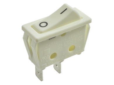 Switch; rocker; RH110-C5N; ON-OFF; 1 way; white; no backlight; bistable; 6,3x0,8mm connectors; 11,1x30,1mm; 2 positions; 20A; 250V AC; Canal