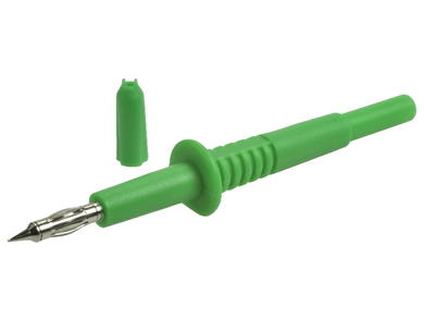 Test probe; 20.157.4; green; 4mm; pluggable (4mm banana socket); 32A; 1000V; 104,5mm; safe; nickel plated brass; PA; Amass; RoHS; 4.401