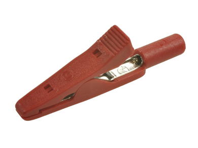 Crocodile clip; MA1 930317801; red; 41,5mm; pluggable (2mm banana socket); 8A; 60V; nickel plated brass; Hirschmann; RoHS