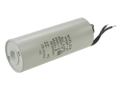 Capacitor; motor; I150V580K-G1; MKSP; 8uF; 450V AC; fi 30x78mm; with cables; Miflex; RoHS