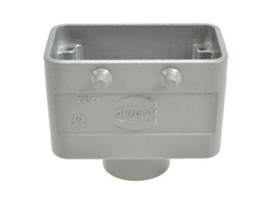 Connector housing; Han A; 19300101420; 10B; metal; straight; for cable; entry for M20 cable gland; for double locking levers; one side cable entry; grey; IP65; Harting; RoHS