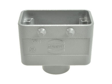 Connector housing; Han A; 19300101420; 10B; metal; straight; for cable; one side cable entry; for double locking levers; entry for M20 cable gland; grey; IP65; Harting; RoHS