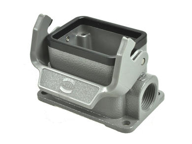 Connector housing; Han A; 19300061250; 6B; metal; straight; for panel; one side cable entry; with single locking lever; entry for M20 cable gland; grey; IP65; Harting; RoHS