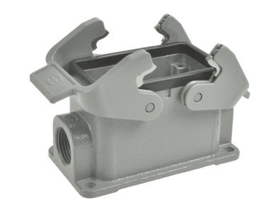 Connector housing; Han A; 19300101230; 10B; metal; horizontal; for panel; entry for M20 cable gland; with double locking levers; one side cable entry; grey; IP65; Harting; RoHS