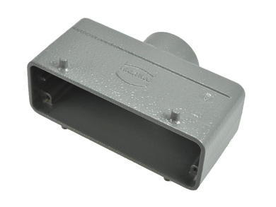 Connector housing; Han A; 19300241422; 24B; metal; straight; for cable; top single cable entry; for double locking levers; entry for M32 cable gland; low profile; grey; IP65; Harting; RoHS