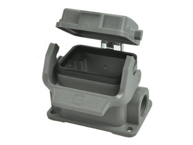 Connector housing; Han A; 19300061295; 6B; metal; straight; for panel; both sides cables entries; with cover; with single locking lever; entry for M20 cable gland; grey; IP65; Harting; RoHS