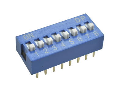 Przełącznik; DIP switch; 8 torów; DIPS8CD; niebieski; przewlekany (THT); h=5,3 + suwak 1,3mm; biały