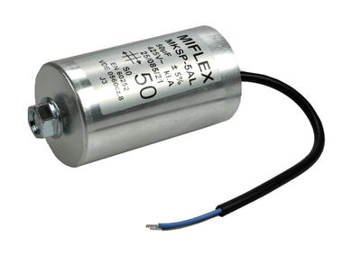 Kondensator; silnikowy (rozruchowy); MKSP; 50uF; 425V AC; I150V650J-DAL; fi 60x105mm; z przewodami; śruba z nakrętką; Miflex; RoHS