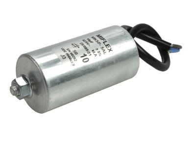 Kondensator; silnikowy (rozruchowy); MKSP; 10uF; 425V AC; I150V610J-DAL; fi 40x75mm; z przewodami; śruba z nakrętką; Miflex; RoHS