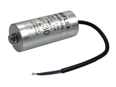Kondensator; silnikowy (rozruchowy); MKSP; 30uF; 425V AC; I150V630J-DAL; fi 45x105mm; z przewodami; śruba z nakrętką; Miflex; RoHS