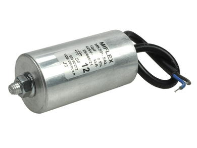 Kondensator; silnikowy (rozruchowy); MKSP; 12uF; 425V AC; I150V612J-DAL; fi 40x75mm; z przewodem; śruba z nakrętką; Miflex; RoHS