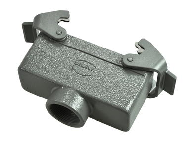 Connector housing; Han A; 19300241432; 24B; metal; straight; for cable; top single cable entry; with double locking levers; entry for M32 cable gland; grey; IP65; Harting; RoHS