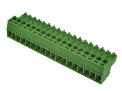 Terminal block; AK1550/18-3.5; 18 ways; R=3,50mm; 15,5mm; 8A; 300V; for cable; angled 90°; square hole; slot screw; screw; vertical; 1,5mm2; green; PTR Messtechnik; RoHS