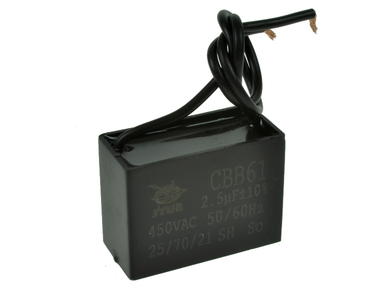 Capacitor; motor; JY-201 2.5uF/450VAC,+-10%,37*28*18 Pbf; 2,5uF; 450V AC; 19x31x38mm; with cables; Shenge; RoHS