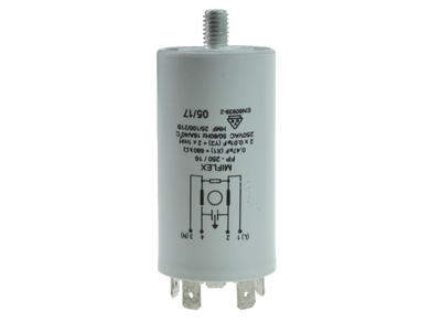 Filter; anti-interference; X10PU44732010BH; 250V AC; 0,47uF; 2x10nF; 16A; 5 connectors 6,3mm; 2x1mH; Aluminium; fi 35x65mm; Miflex; RoHS; screw with a nut