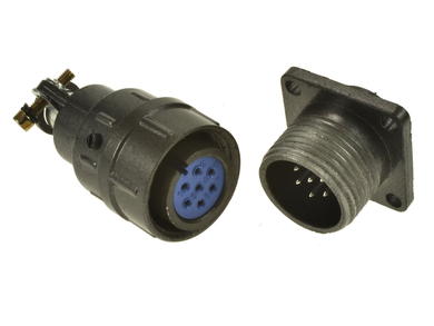 Connector; C06/7p; 7 ways; solder; 0,5mm2; 8mm; cable socket & panel mounted plug; 16mm; blue; grey; 5A; Connfly; RoHS