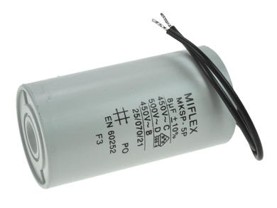 Kondensator; silnikowy (rozruchowy); I150V580K-G10; MKSP; 8uF; 450V AC; fi 35x65mm; z przewodami; Miflex; RoHS