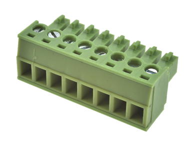 Terminal block; AKZ1550/08-3,81; 8 ways; R=3,81mm; 9,1mm; 8A; 125V; for cable; straight; square hole; slot screw; screw; vertical; 1,5mm2; green; PTR Messtechnik; RoHS