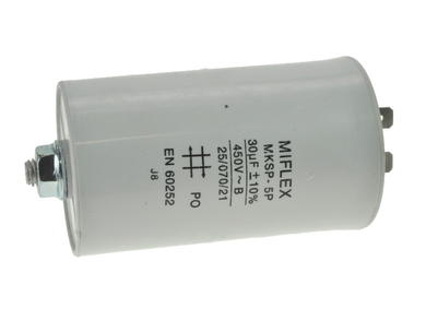 Kondensator; silnikowy (rozruchowy); I150V630K-B1; MKSP; 30uF; 450V AC; fi 49x84mm; konektory 6,3mm; śruba z nakrętką; Miflex; RoHS